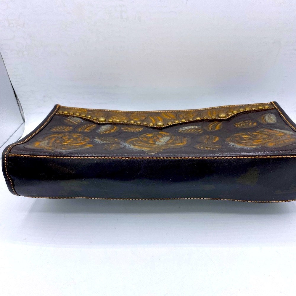 American West Tooled Leather Black/ Brown Clutch Has Rose Floral Design Purse - Picture 9 of 10